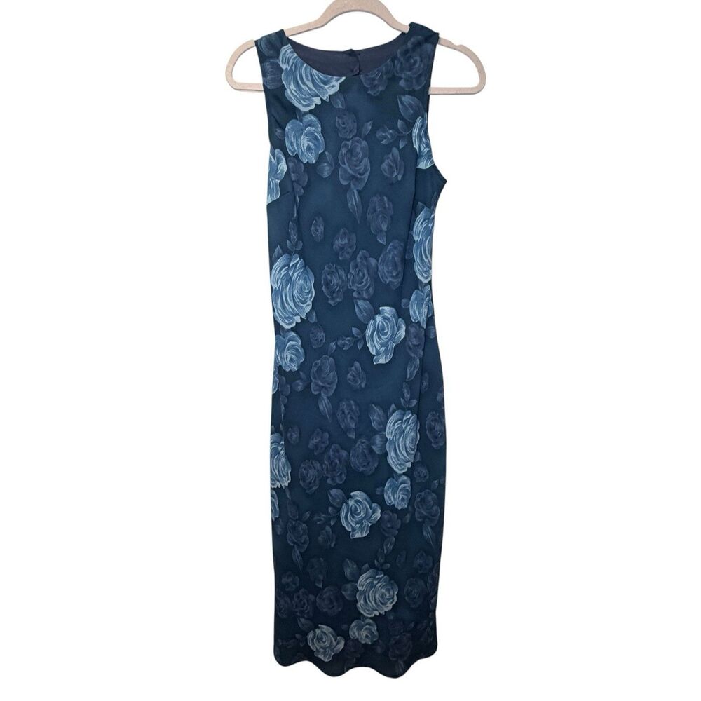 Y2K Blue Floral Sheath Midi Dress 10 Round Neck Sleeveless Mesh Lined